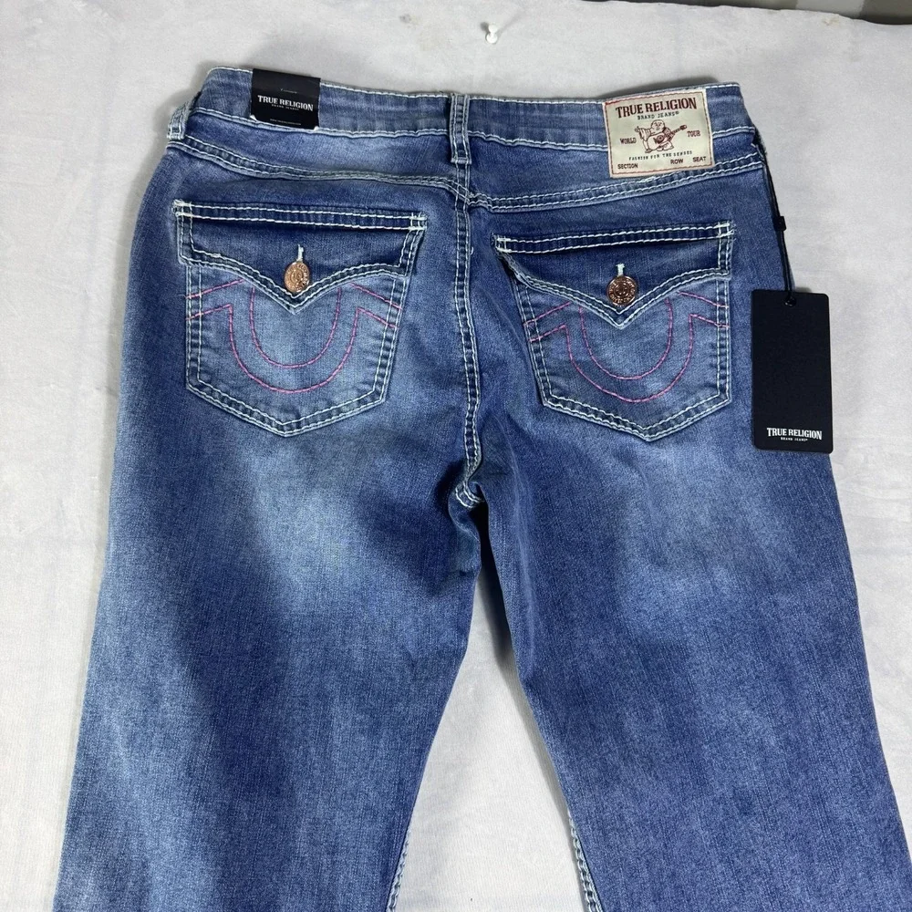 NWT True Religion Joey Womens Flare Jeans Blue Denim Mid Rise Flap Pockets 29‎